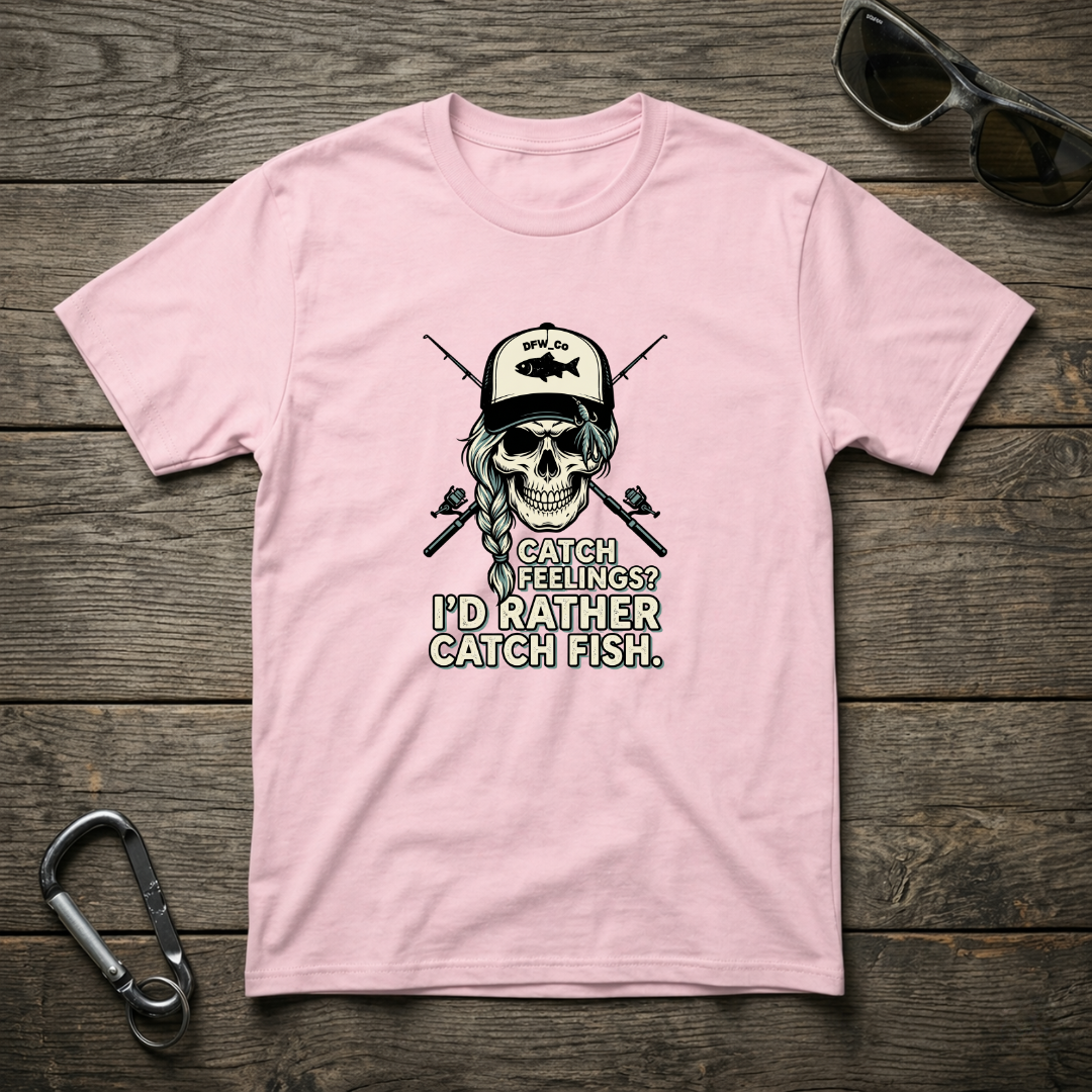 Graphic T-shirt from Designed For The Wild Co featuring a fishing-themed design on a garment-dyed fabric.