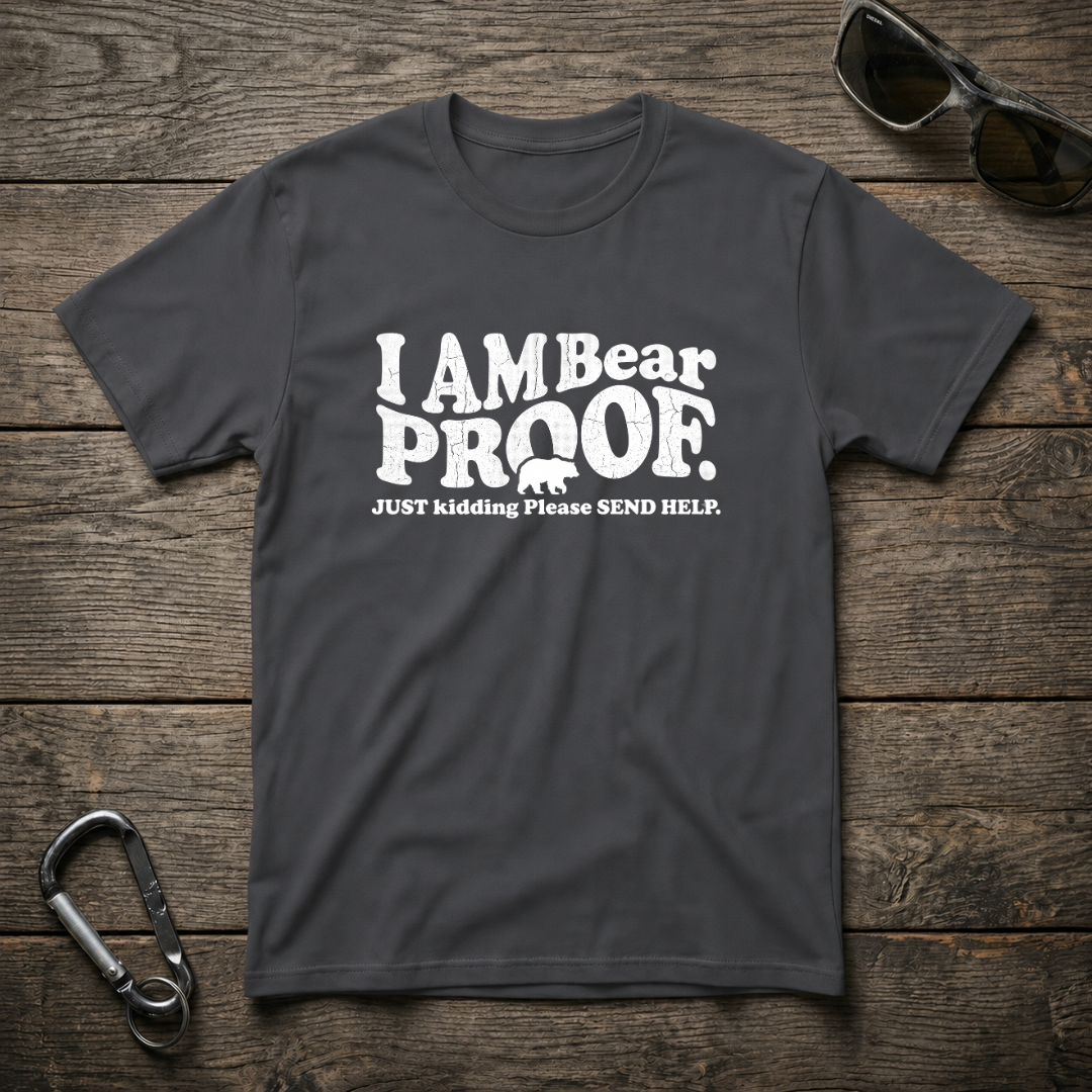Dark heather graphic T-shirt by Designed For The Wild Co featuring a bear proof softstyle design on the front.