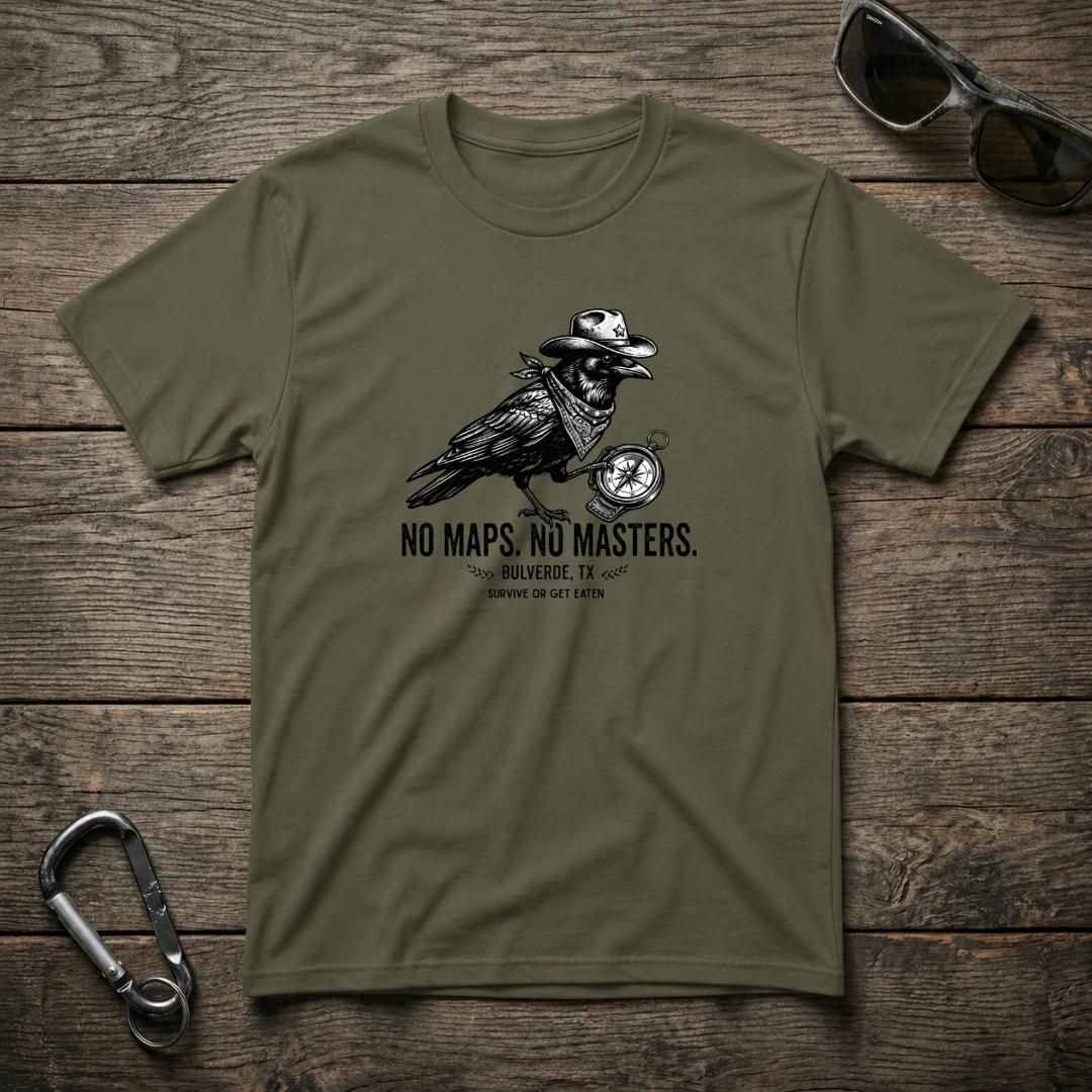 Military green No Maps No Masters Heavyweight Graphic T-Shirt by Designed For The Wild Co, featuring bold printed design on front.