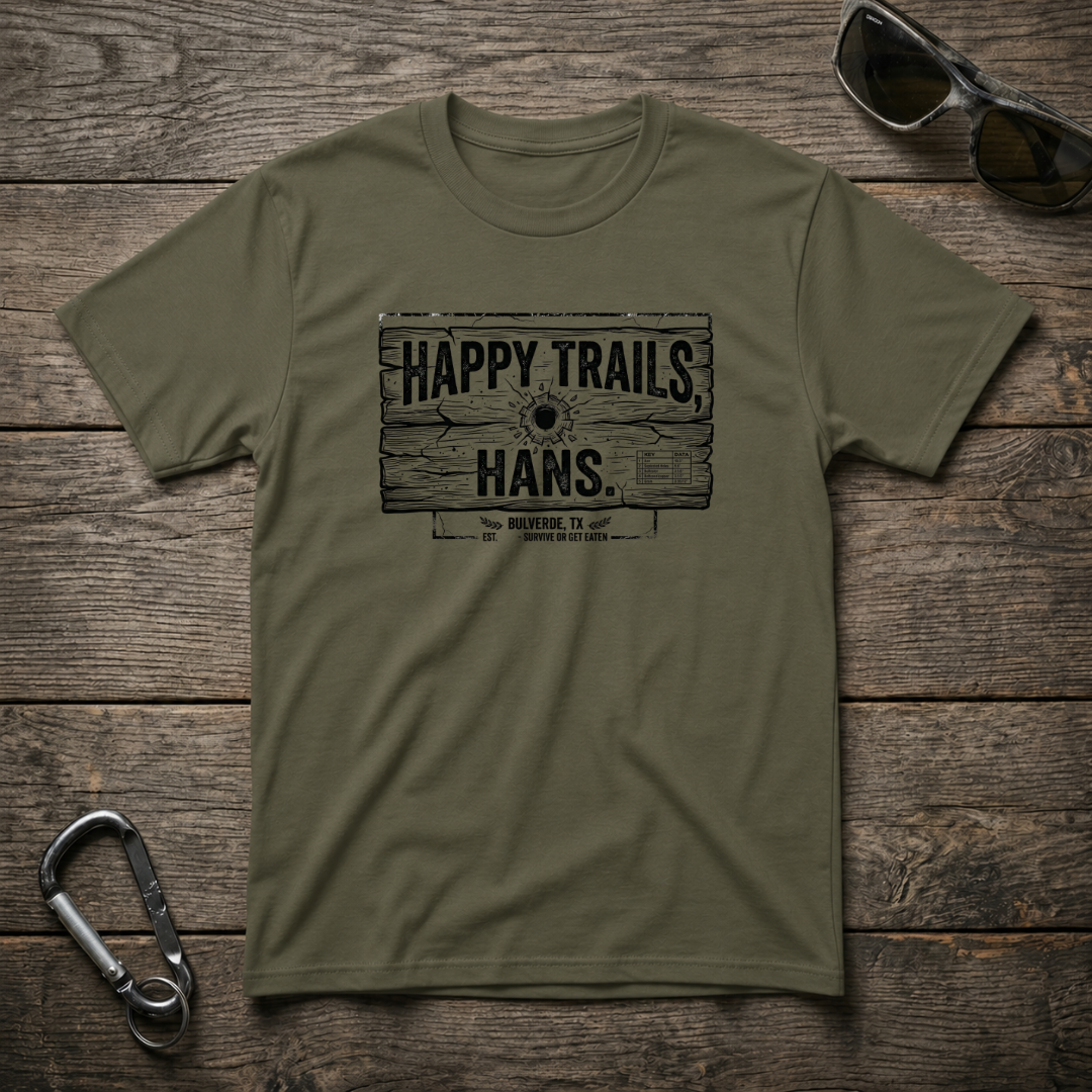 Military green Happy Trails Hans heavyweight graphic T-shirt by Designed For The Wild Co showing a nature-inspired design.