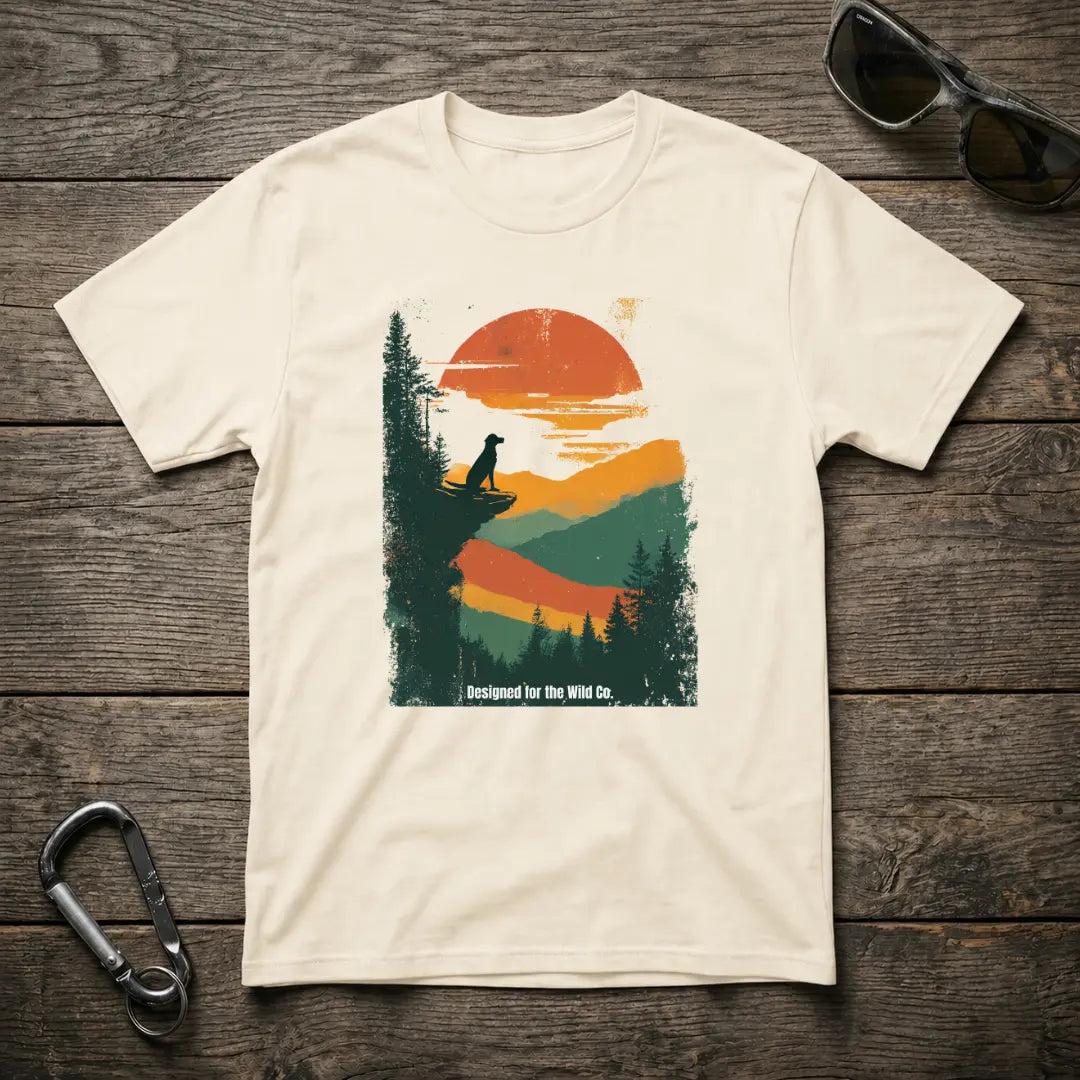 Sunset Dogwatch Softstyle graphic T-shirt by Designed For The Wild Co featuring a colorful sunset and dog design on soft fabric