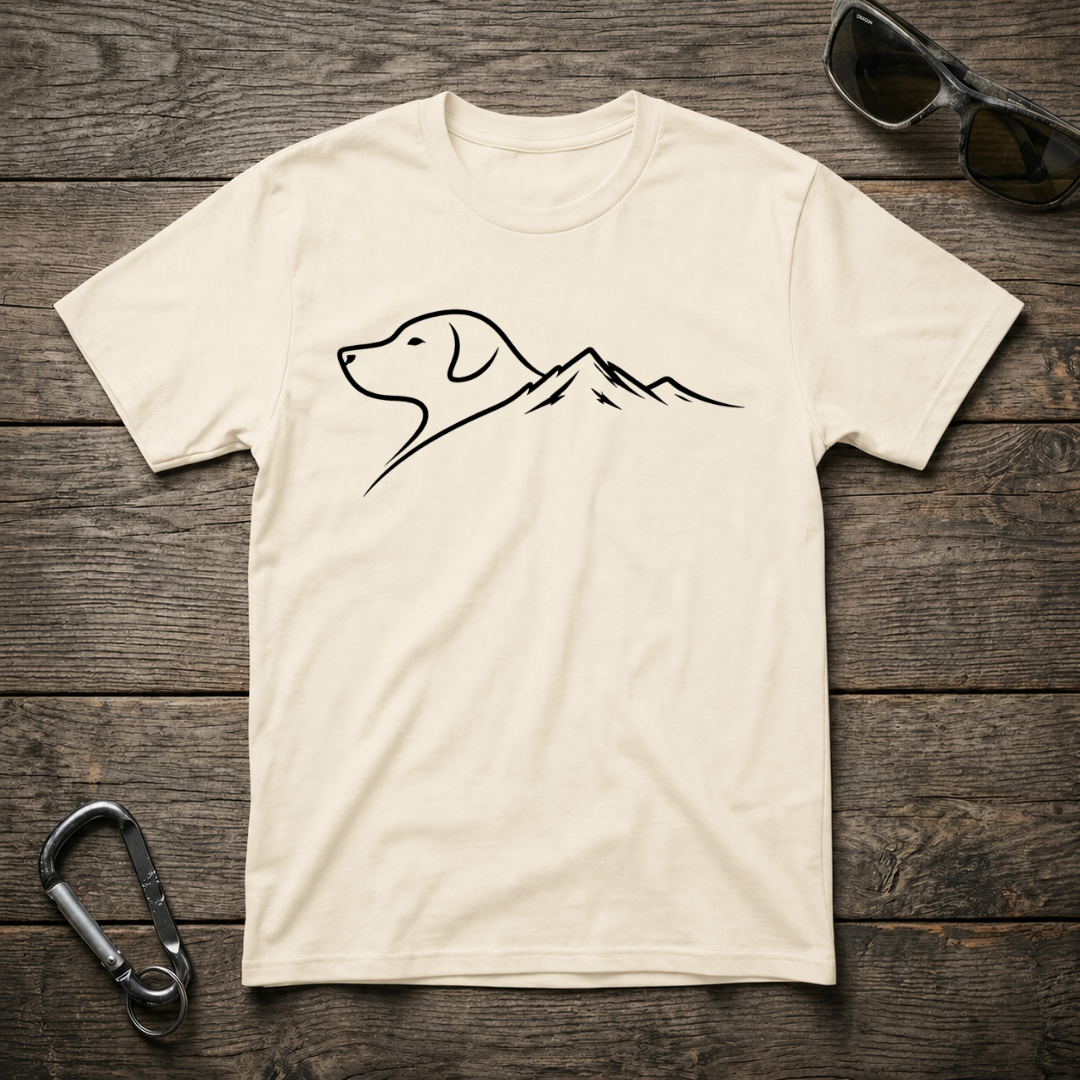 Dog and mountain trail graphic T-shirt by Designed For The Wild Co featuring outdoor adventure scene on soft cotton fabric.