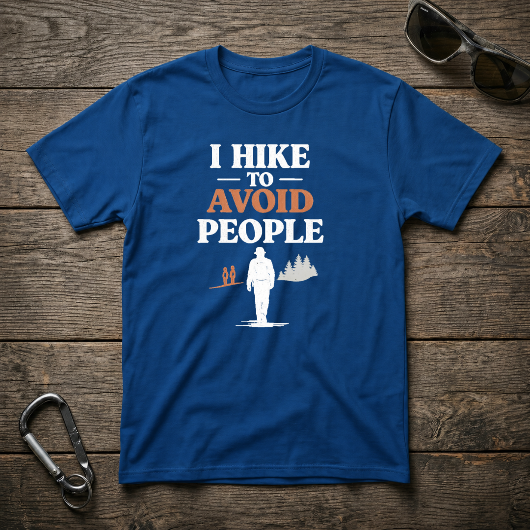 Royal blue I Hike to Avoid People graphic T-shirt by Designed For The Wild Co featuring outdoor hiking graphic and soft fabric.