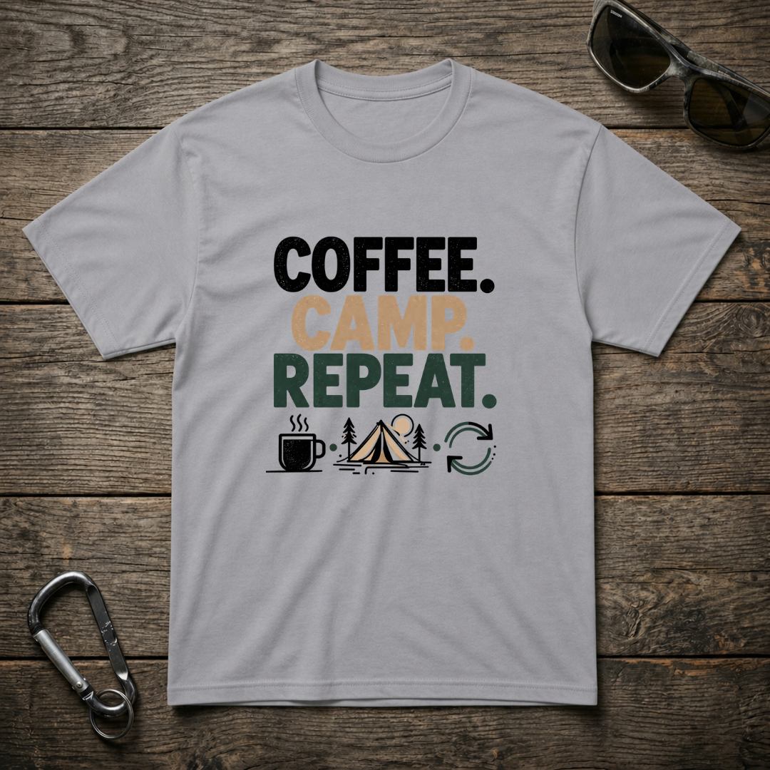 Sports grey graphic T-shirt with "Camp. Coffee. Repeat." design by Designed For The Wild Co.