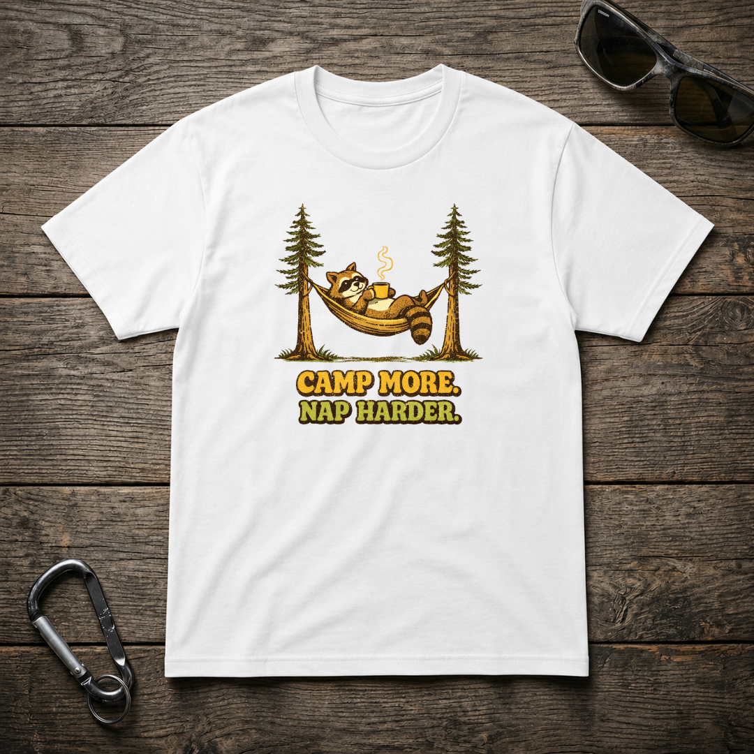 White heavyweight graphic T-shirt by Designed For The Wild Co featuring the Camp More, Nap Harder design.