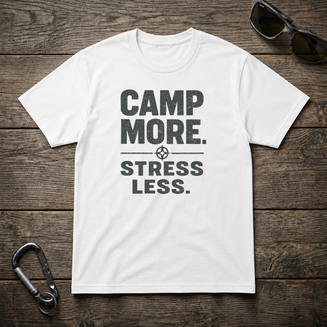 White graphic T-shirt by Designed For The Wild Co featuring the "Camp More, Stress Less" design and a relaxed fit.