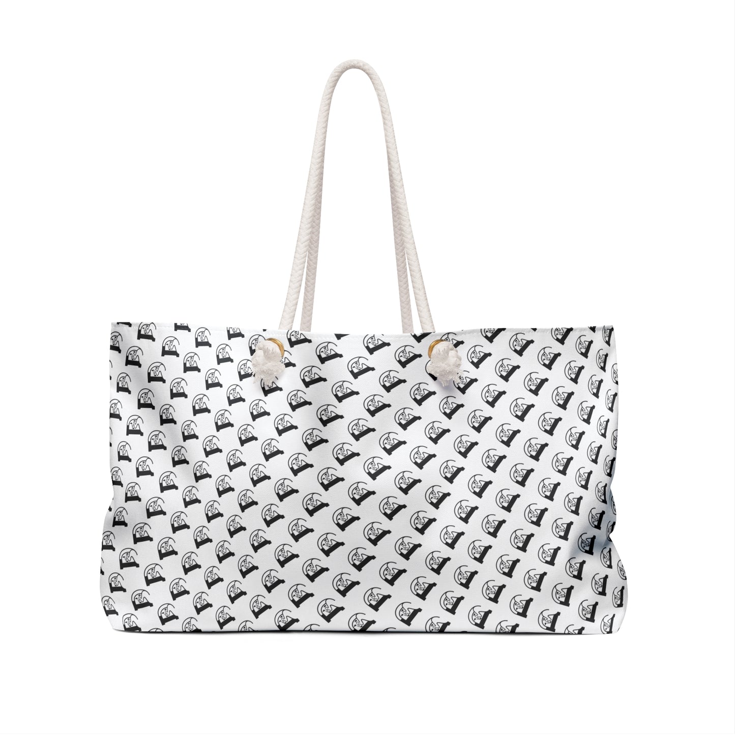 Designed for The Wild Co weekender bag, spacious fabric bag with leather accents, suitable for short trips and travel.