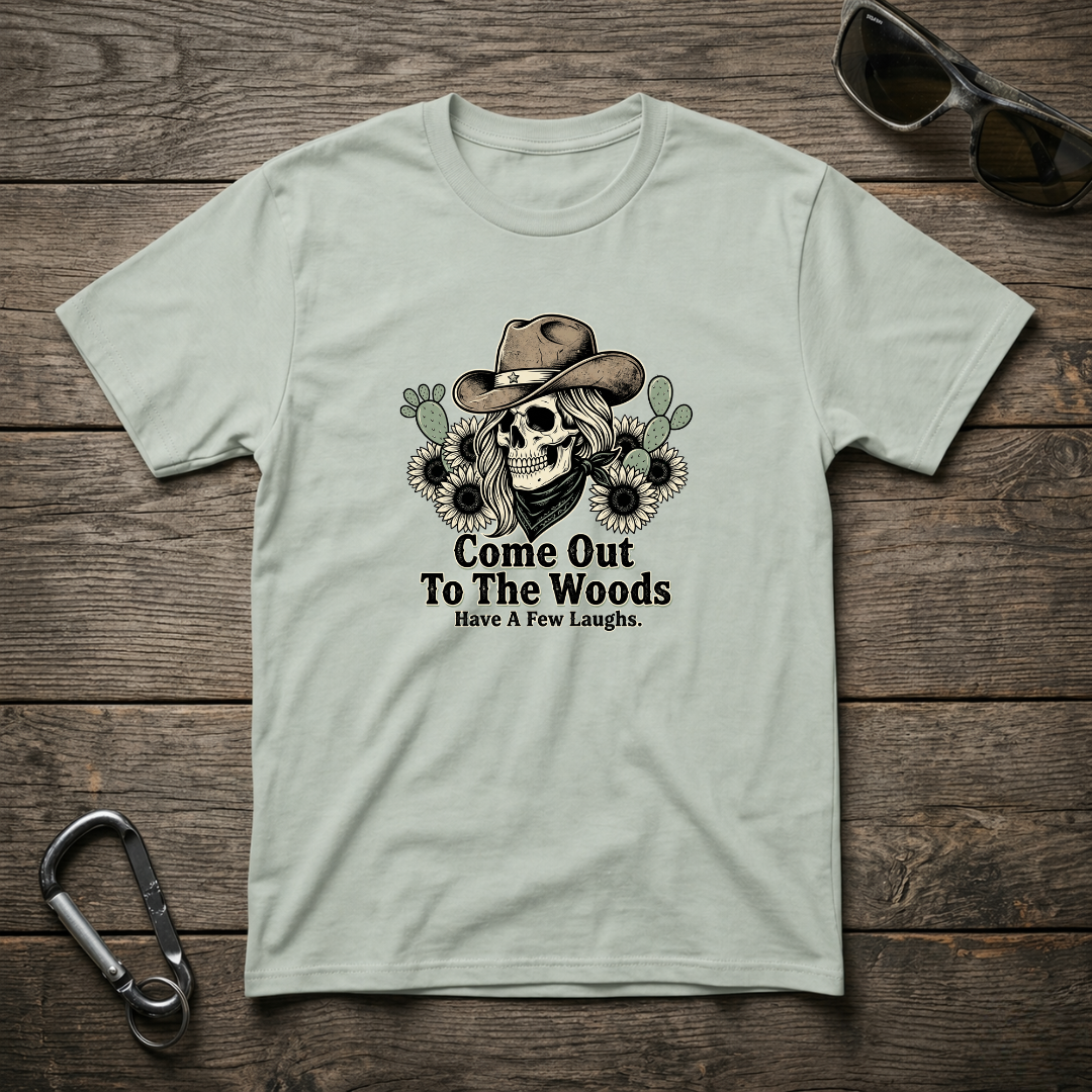 Designed For The Wild Co Come Out To The Woods graphic T-shirt with forest-themed design and garment-dyed fabric.