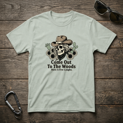 Designed For The Wild Co Come Out to the Woods graphic T-shirt with forest-themed design and soft garment-dyed fabric.