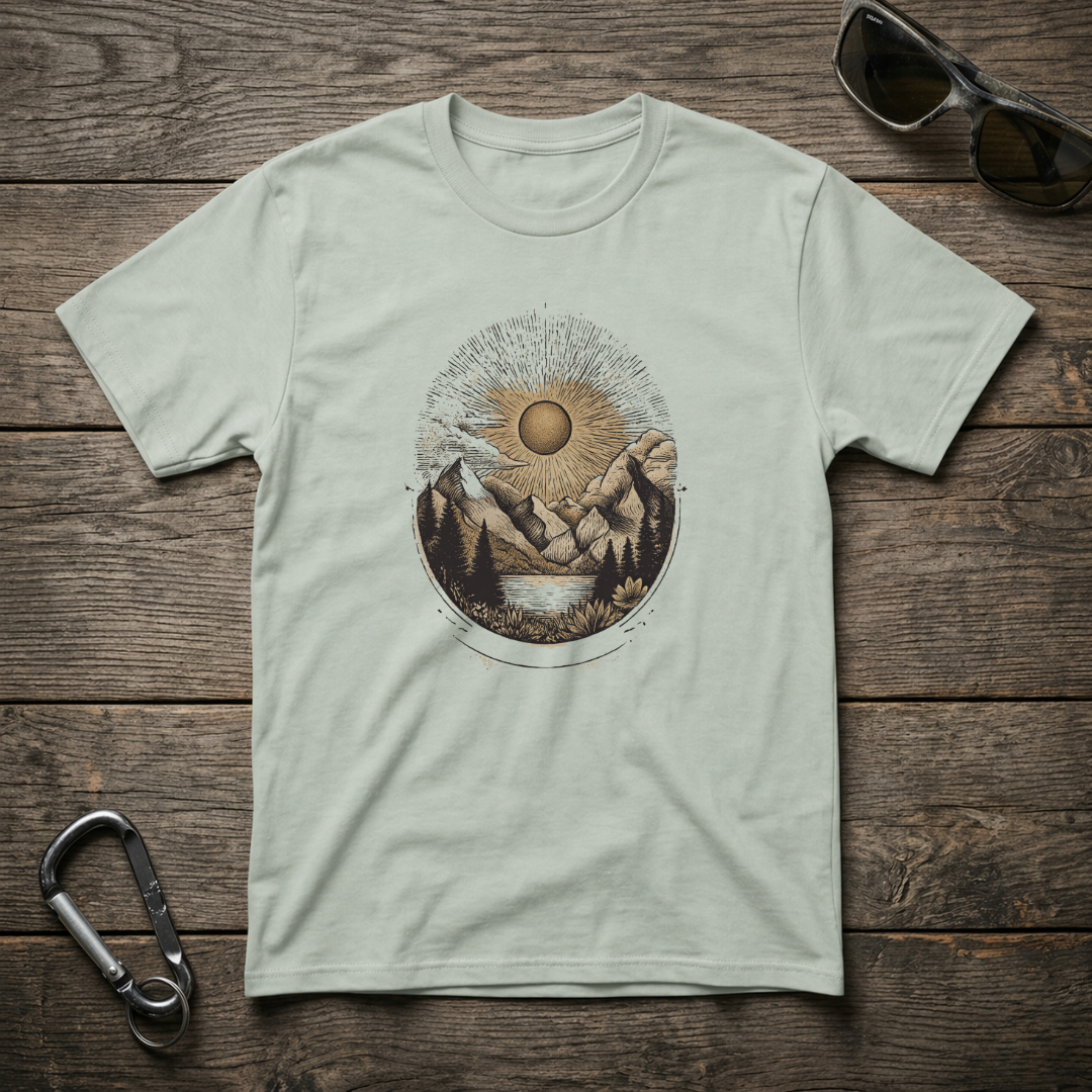 Graphic desert sunset T-shirt by Designed For The Wild Co featuring a garment-dyed fabric with a vibrant sunset scene.