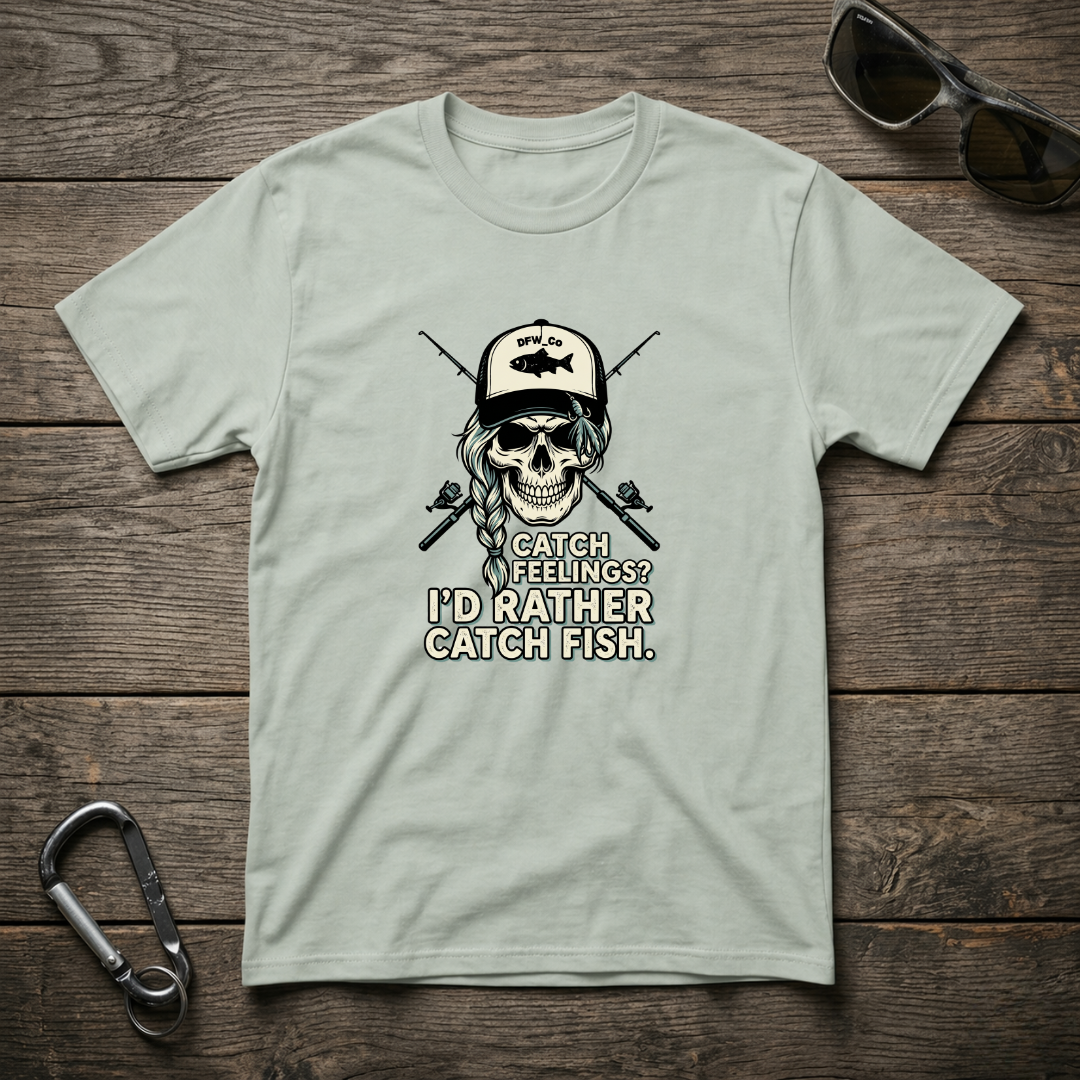 Designed For The Wild Co "I'd Rather Catch Fish" graphic T-shirt in garment-dyed fabric, featuring a fishing-themed design.