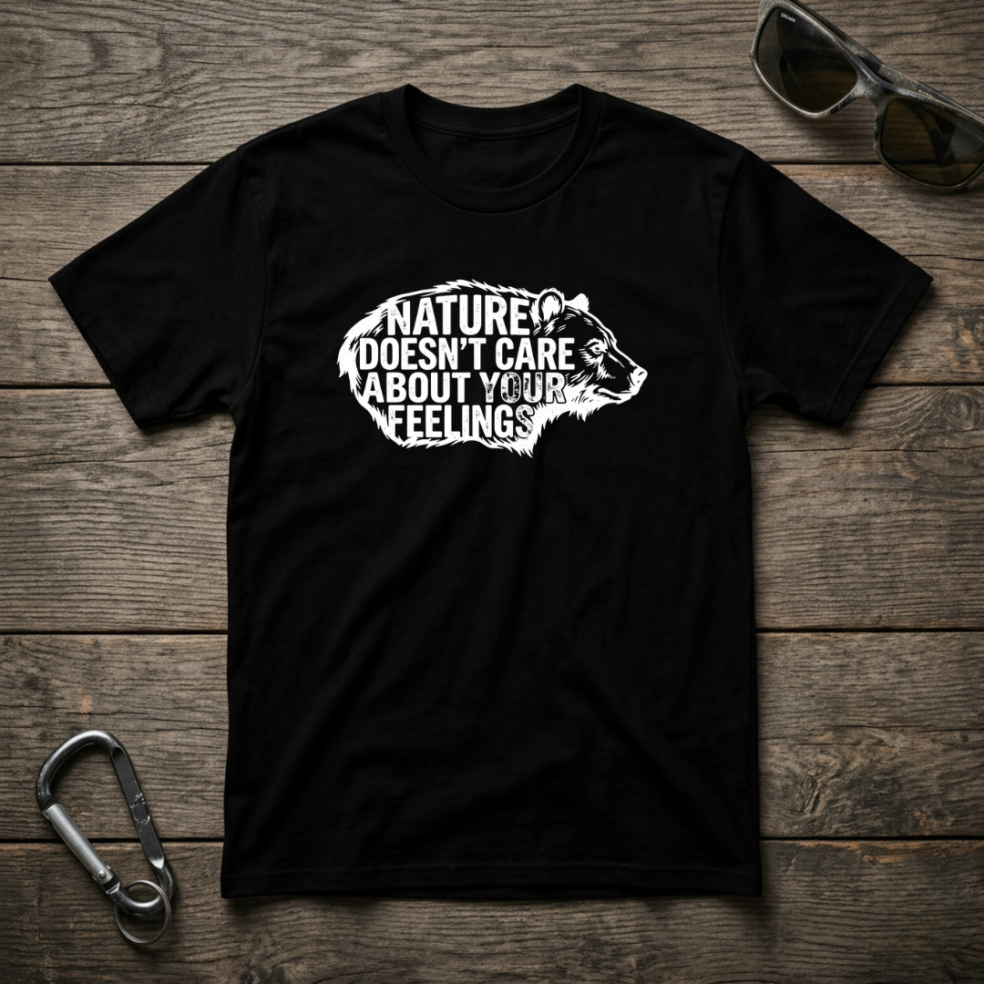 Black graphic T-shirt by Designed For The Wild Co featuring the "Nature Doesn't Care" design, made from garment-dyed fabric.