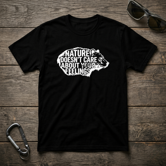 Black graphic T-shirt by Designed For The Wild Co featuring the "Nature Doesn't Care" design, made from garment-dyed fabric.