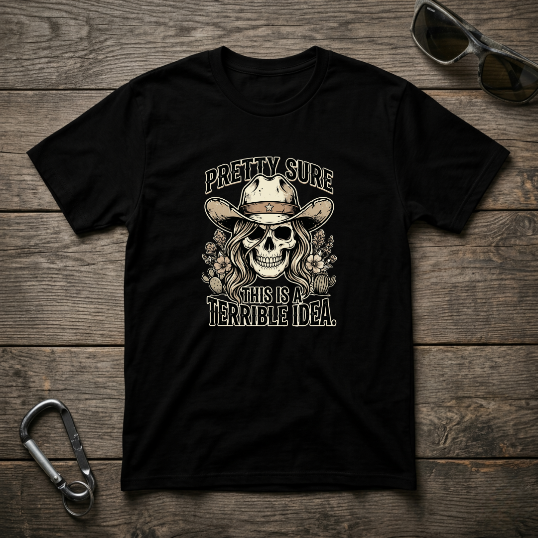 Black graphic T-shirt by Designed For The Wild Co, garment-dyed Pretty Sure T-shirt with a casual, soft appearance.