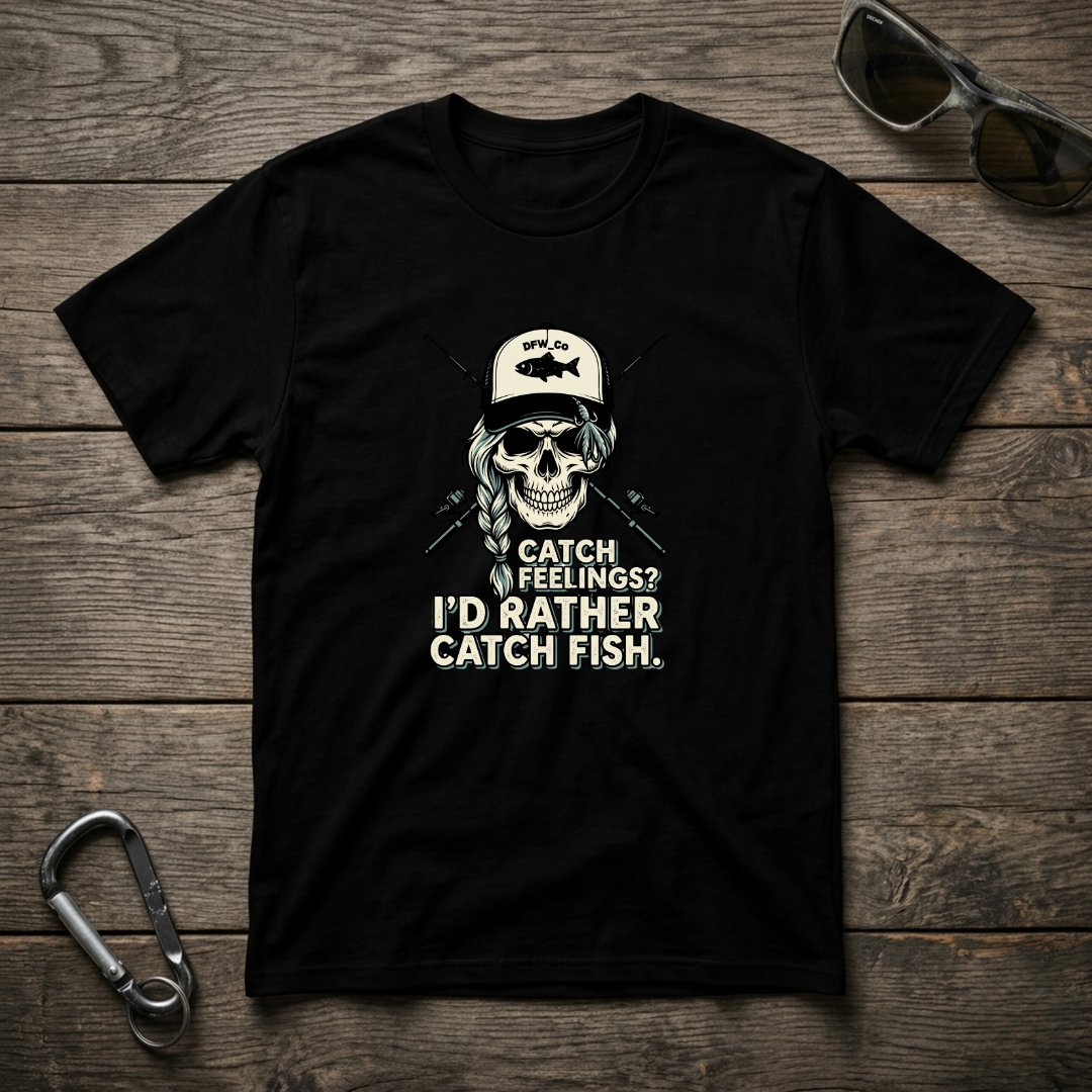 Black graphic T-shirt by Designed For The Wild Co with "I'd Rather Catch Fish" print, garment-dyed casual men's or women's tee