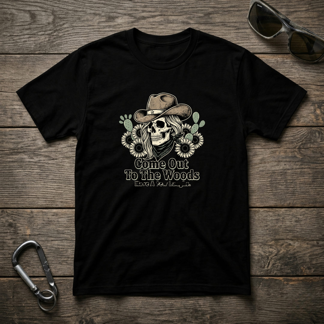Black Come Out To The Woods graphic T-shirt by Designed For The Wild Co featuring a nature-inspired print.