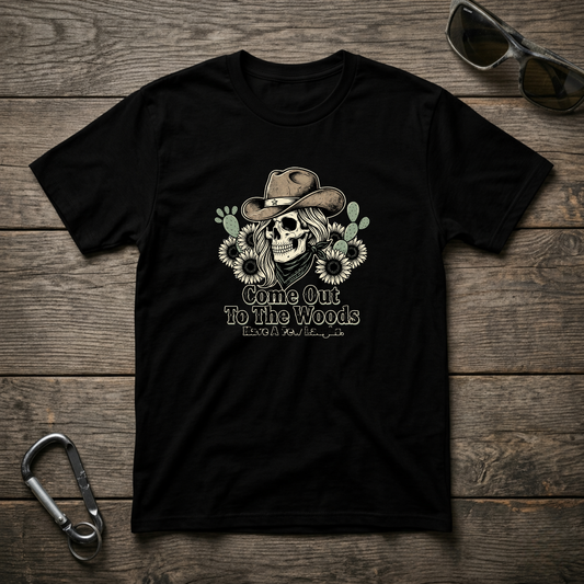 Black Come Out To The Woods graphic T-shirt by Designed For The Wild Co featuring a nature-inspired print.