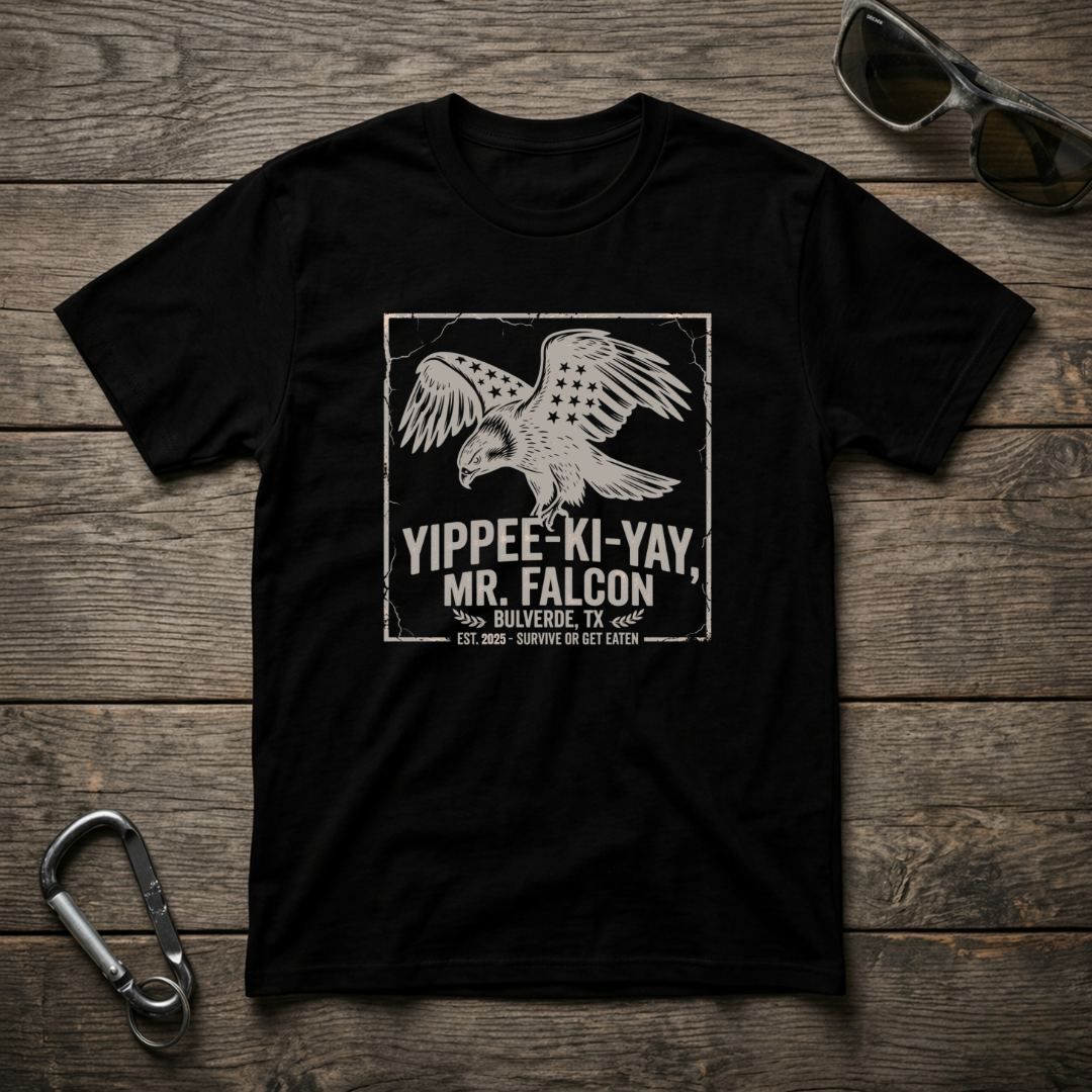 Black Yippee Ki Yay Mr. Falcon graphic T-shirt by Designed For The Wild Co with bold design on front.