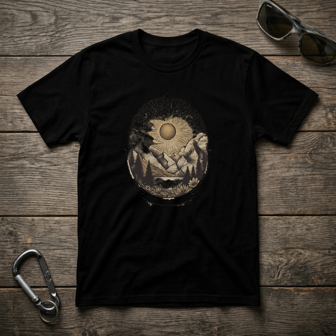 Black Desert Sunset graphic T-shirt by Designed For The Wild Co featuring a vibrant desert sunset design.