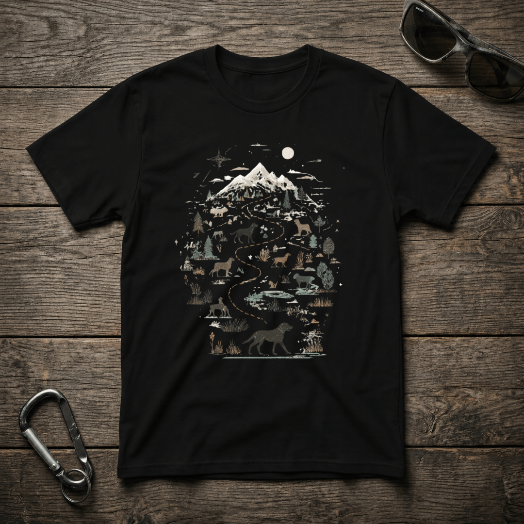 Black Wild Dog Trail Softstyle graphic T-shirt by Designed For The Wild Co, featuring a detailed wild dog illustration.