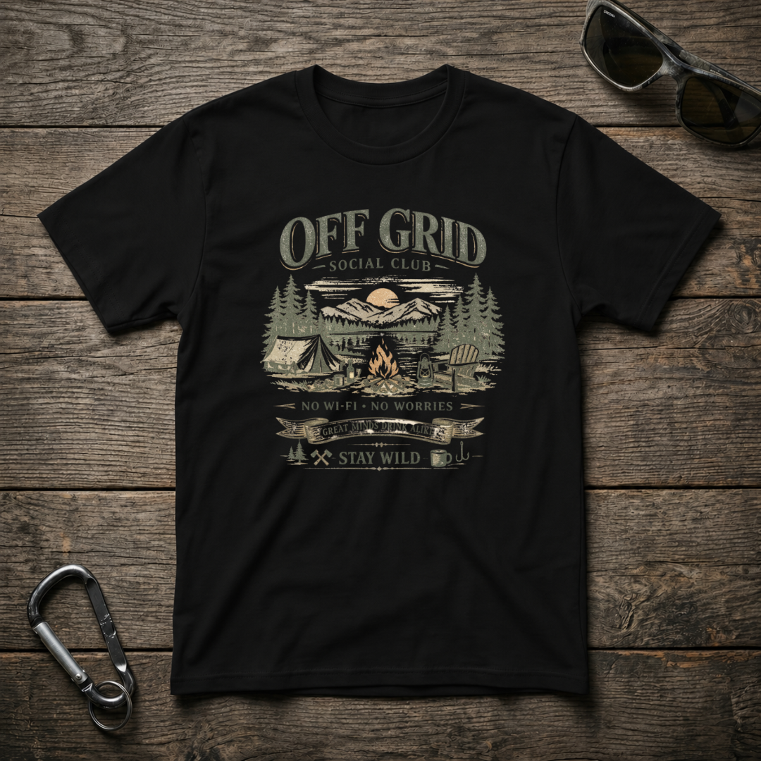 Black graphic T-shirt from Designed For The Wild Co featuring off-grid social camping theme, softstyle fabric, casual fit.