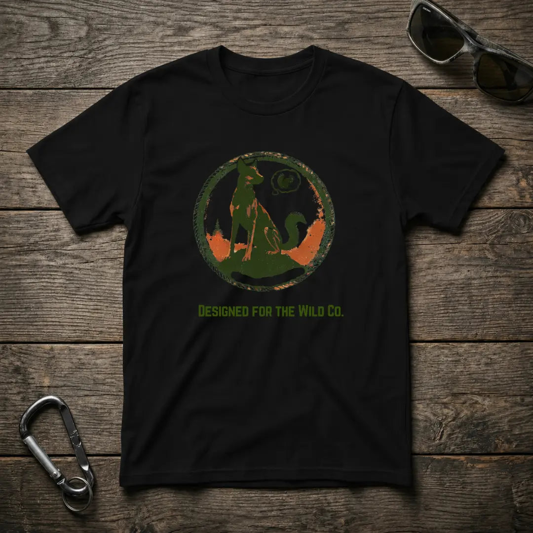 Black graphic T-shirt featuring a squirrel design from Designed For The Wild Co, casual dog-inspired apparel for outdoor enthusiasts.