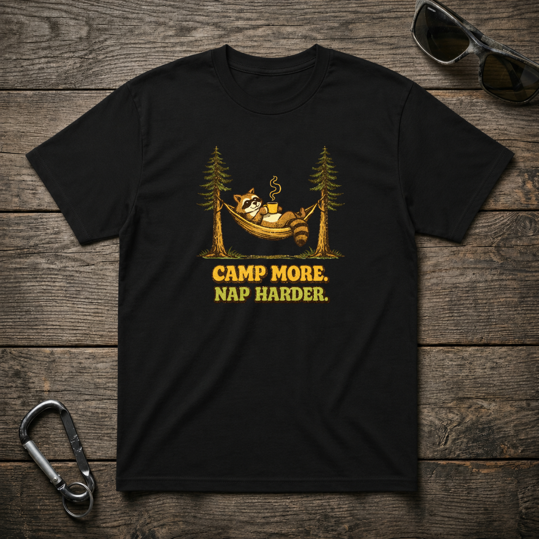 Black graphic T-shirt by Designed For The Wild Co with "Camp More Nap Harder" design, featuring bold text on the front.