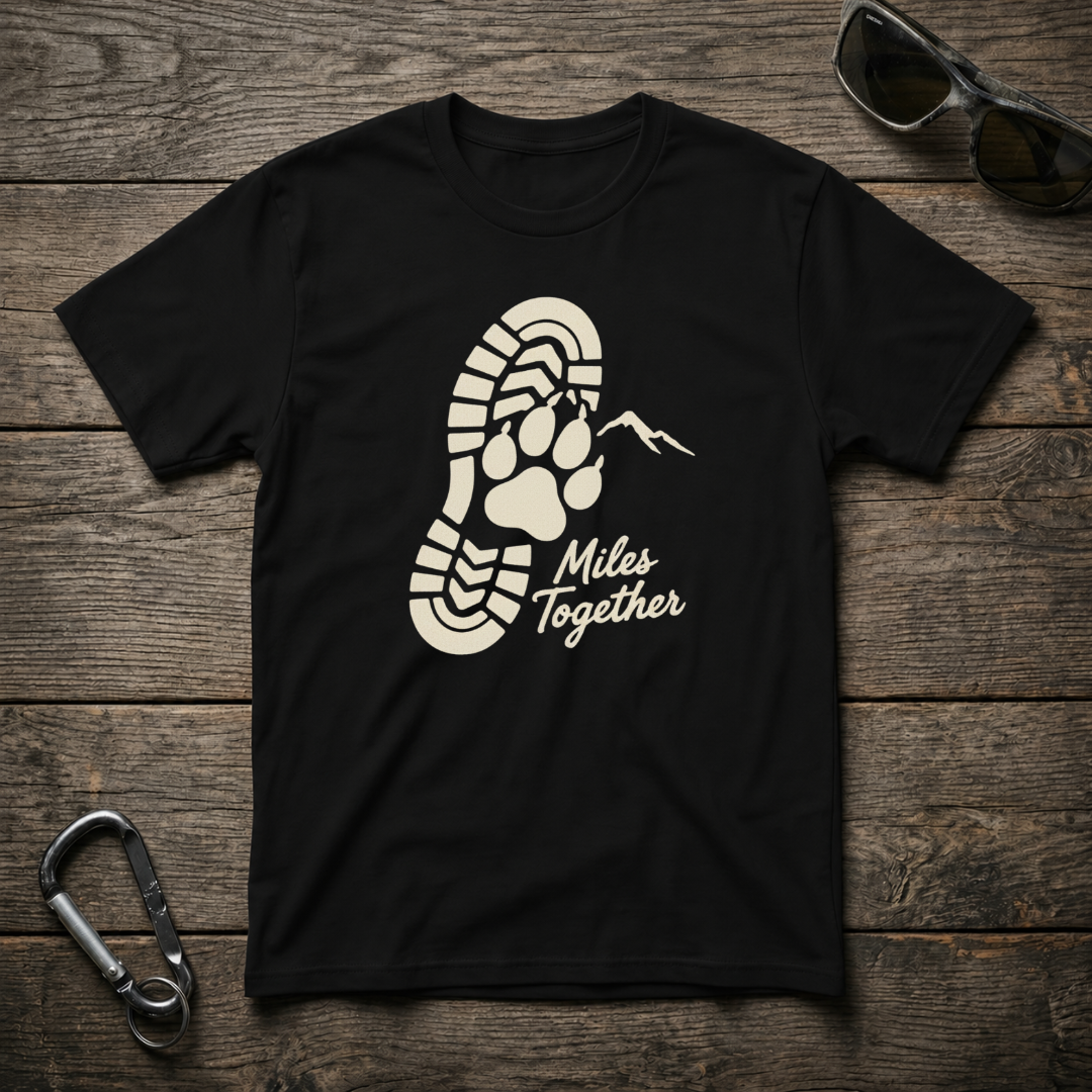 Black Miles Together Paw Softstyle T-Shirt by Designed For The Wild Co featuring a graphic paw print on the front.