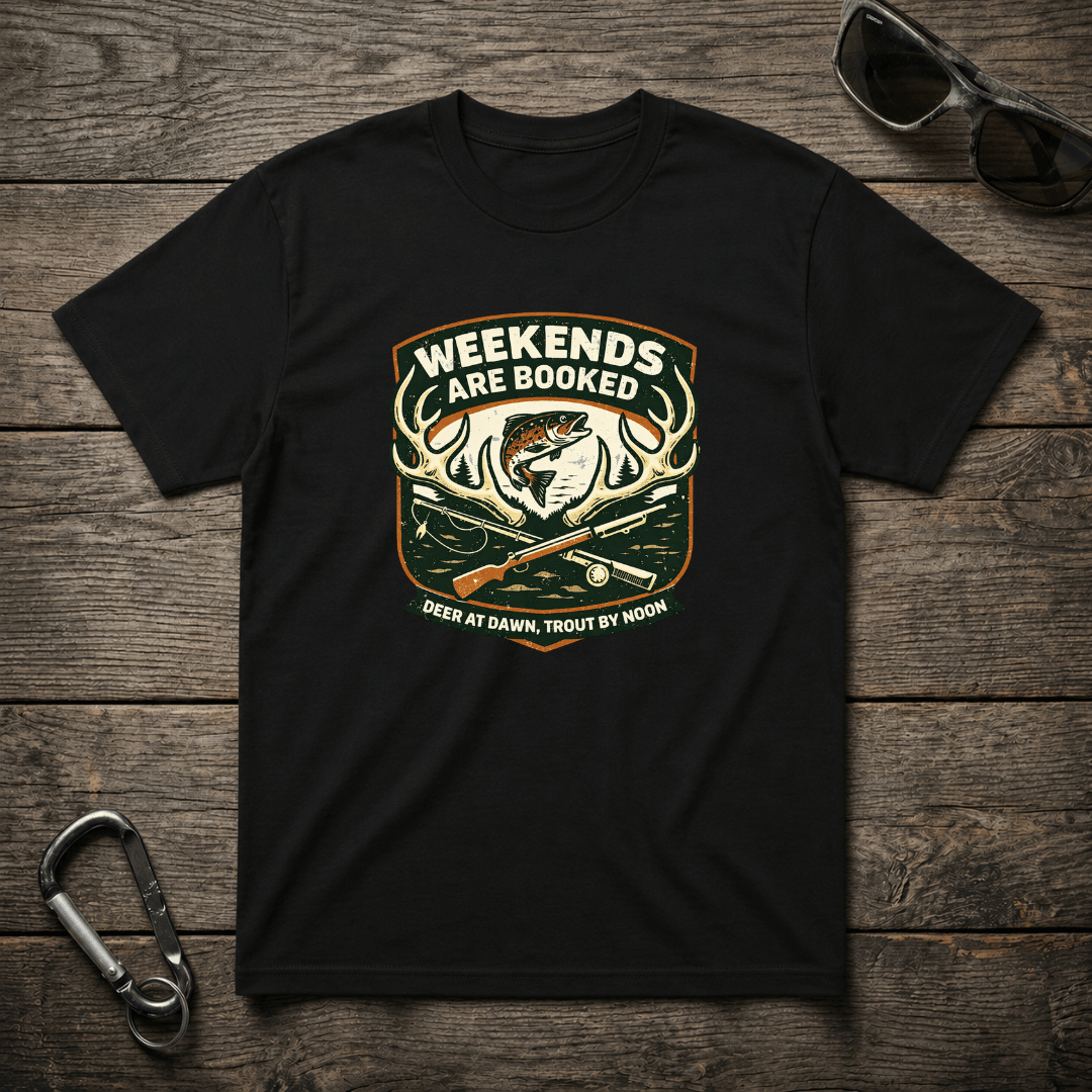 Black graphic T-shirt from Designed For The Wild Co featuring "Weekends Are Booked Camping" text in bold, casual style.