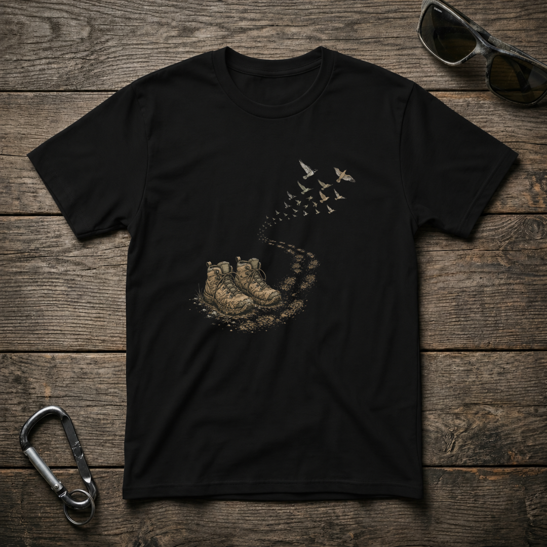 Black graphic T-shirt from Designed For The Wild Co featuring a stylish Boots Walking Softstyle design on soft fabric.