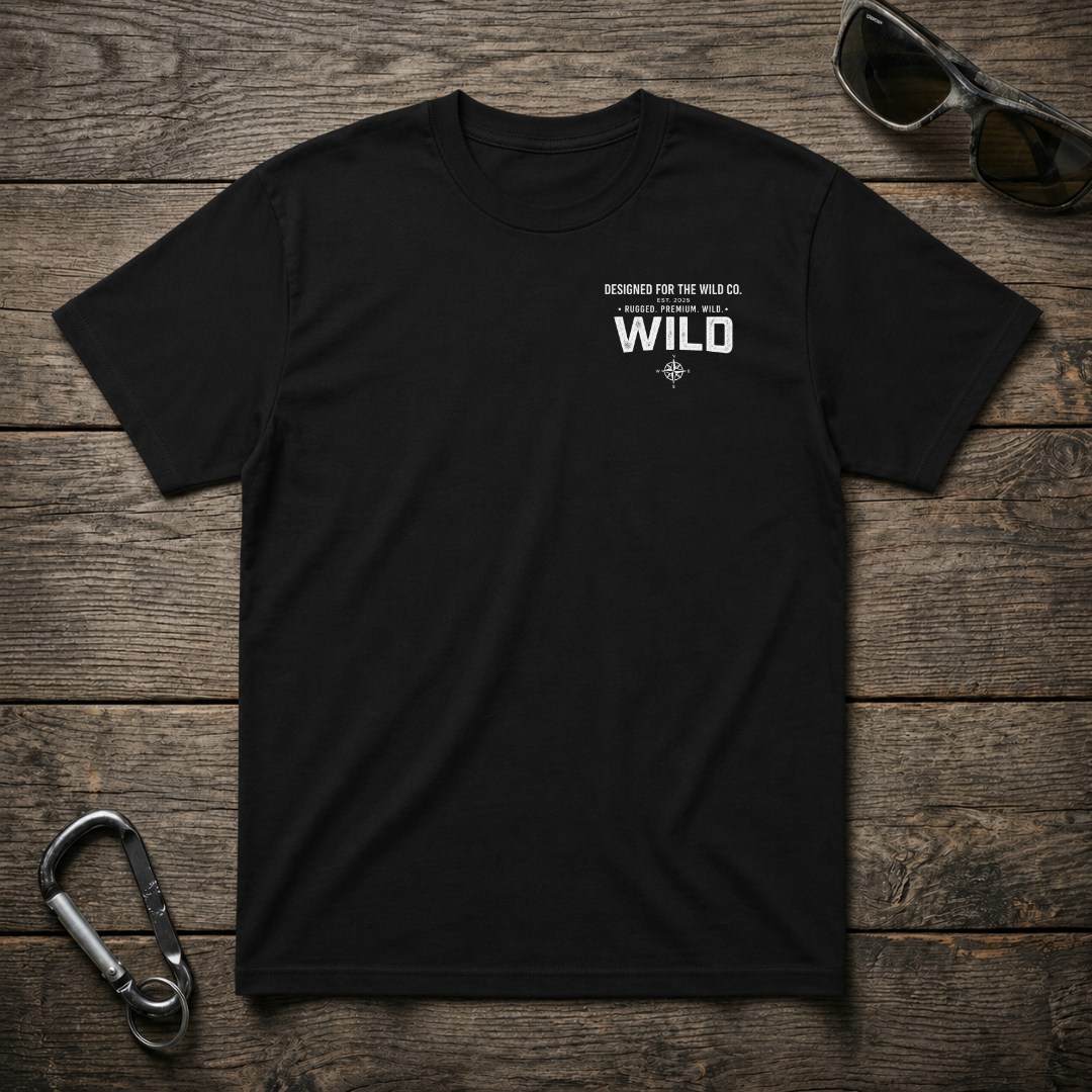 Black Explore The Wild heavyweight graphic T-shirt by Designed For The Wild Co with nature-inspired design.