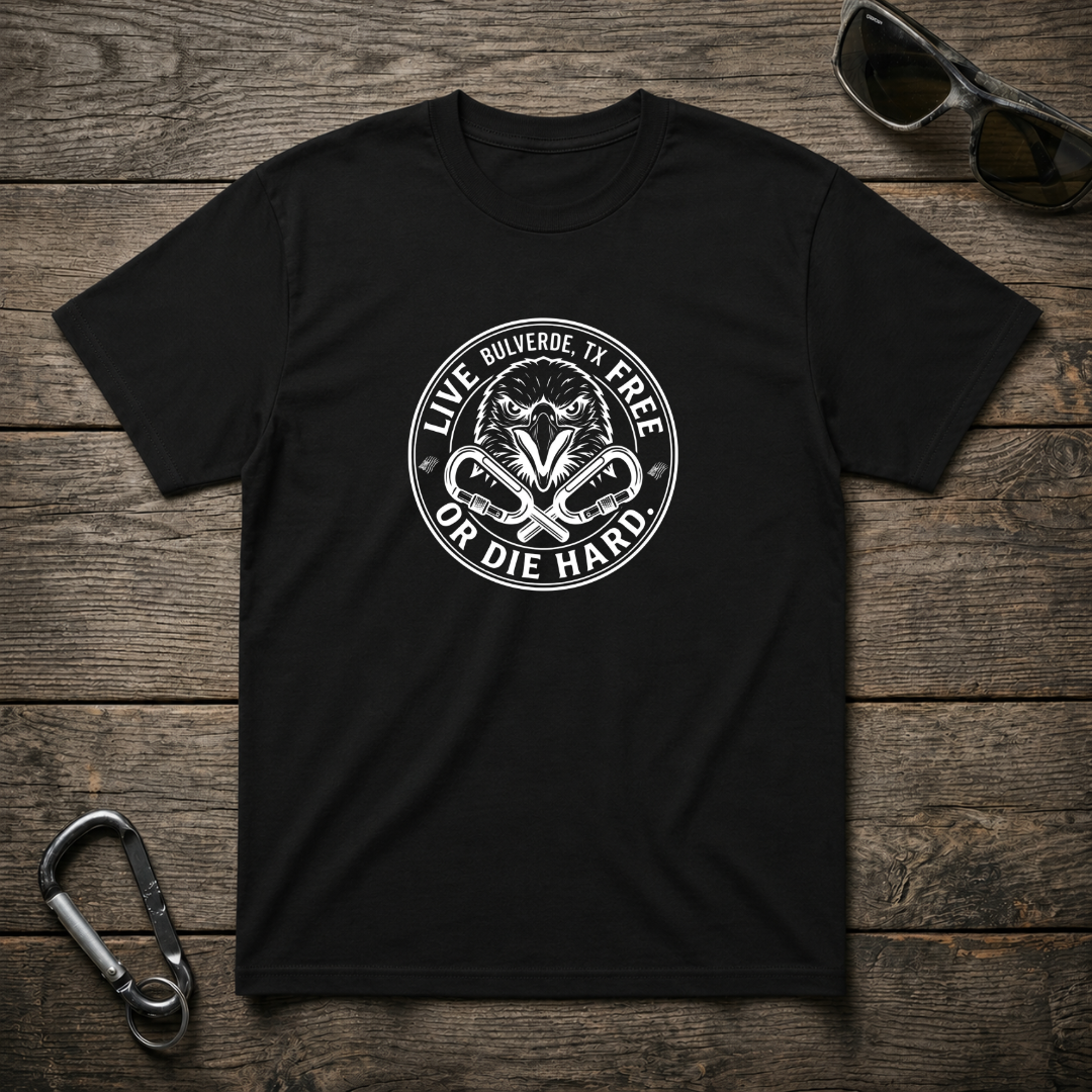 Black heavyweight graphic T-shirt by Designed For The Wild Co featuring "Live Free Or Die Hard" bold text design.