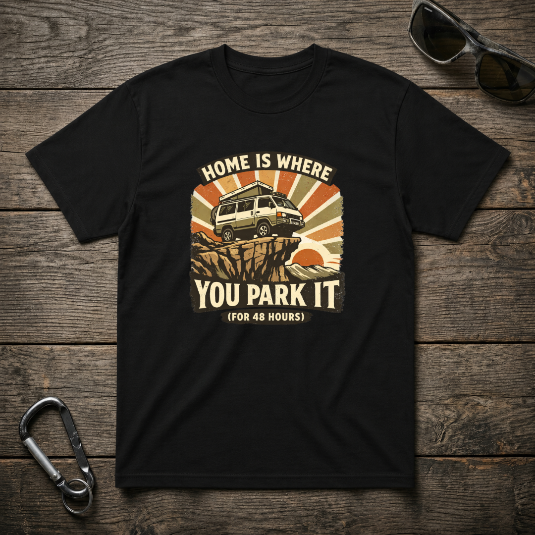 Black graphic T-shirt by Designed For The Wild Co with "Home Is Where You Park It" slogan and vehicle illustration.
