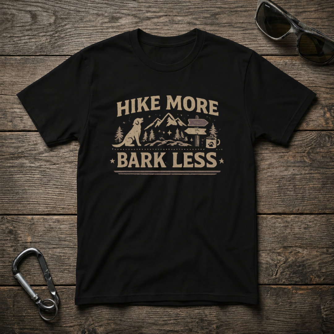 Black graphic T-shirt by Designed For The Wild Co featuring the "Hike More, Bark Less" design on soft cotton fabric.