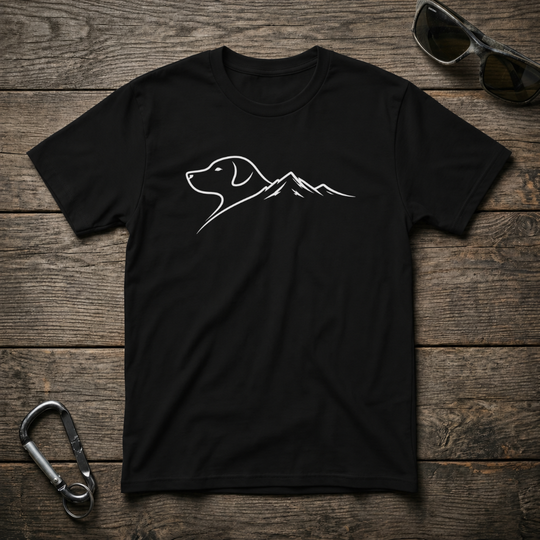 Black graphic T-shirt featuring a dog and mountain trail design by Designed For The Wild Co, softstyle cotton for comfortable wear.