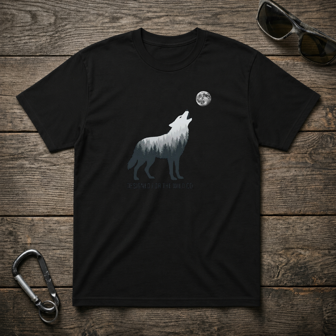 Black Wild Wolf Trail heavyweight graphic T-shirt by Designed For The Wild Co featuring a detailed wolf illustration.