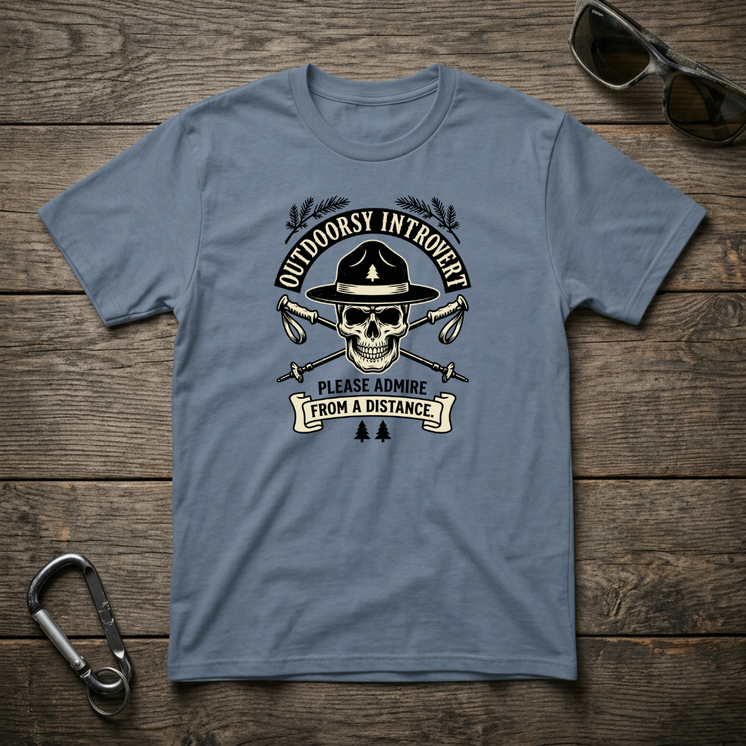 Blue graphic T-shirt from Designed For The Wild Co featuring outdoorsy introvert design on soft garment-dyed fabric.