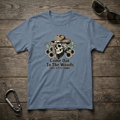 Blue garment-dyed graphic T-shirt by Designed For The Wild Co featuring outdoor-themed artwork on a casual tee.