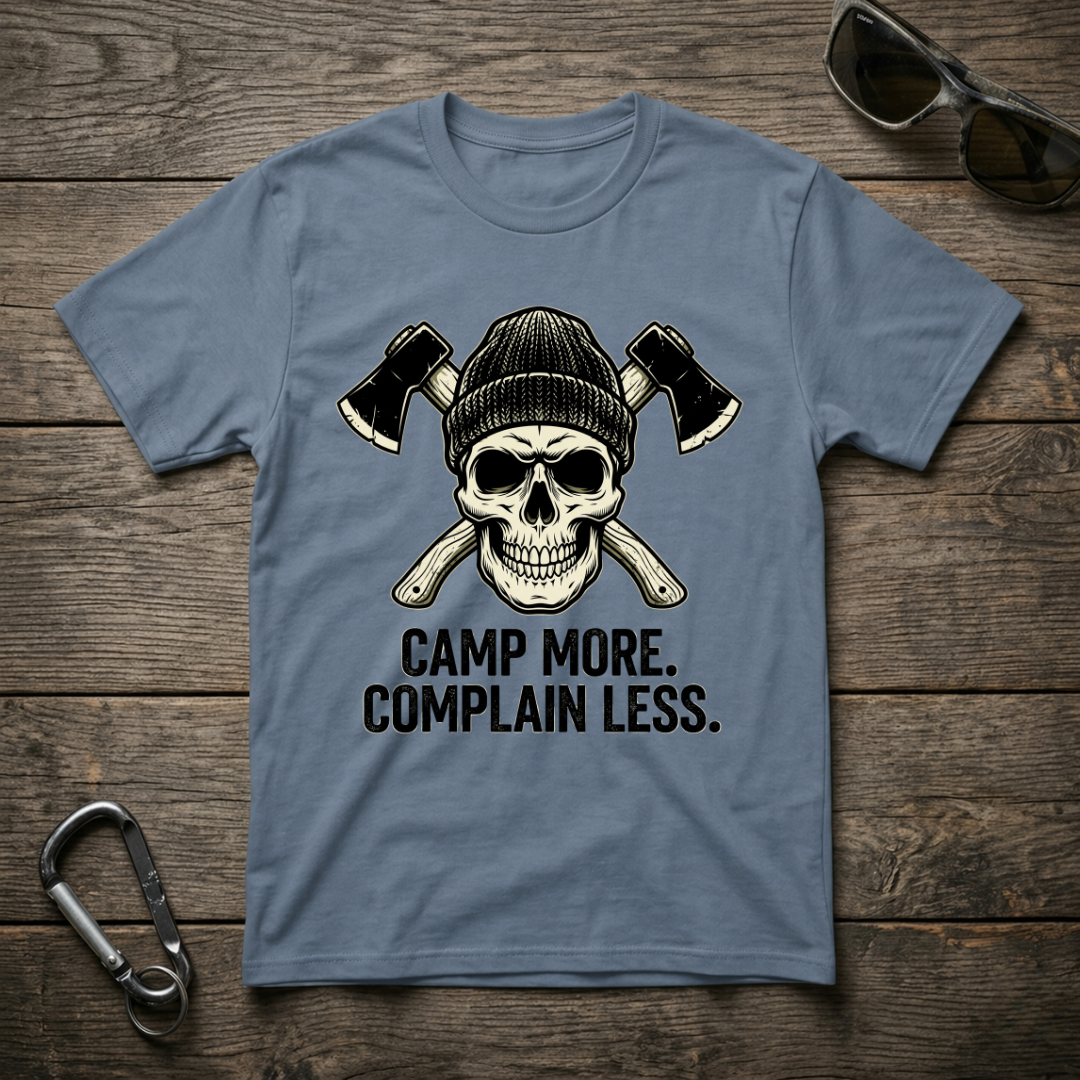 Blue graphic T-shirt from Designed For The Wild Co featuring "Camp More, Complain Less" slogan, garment-dyed for a vintage look