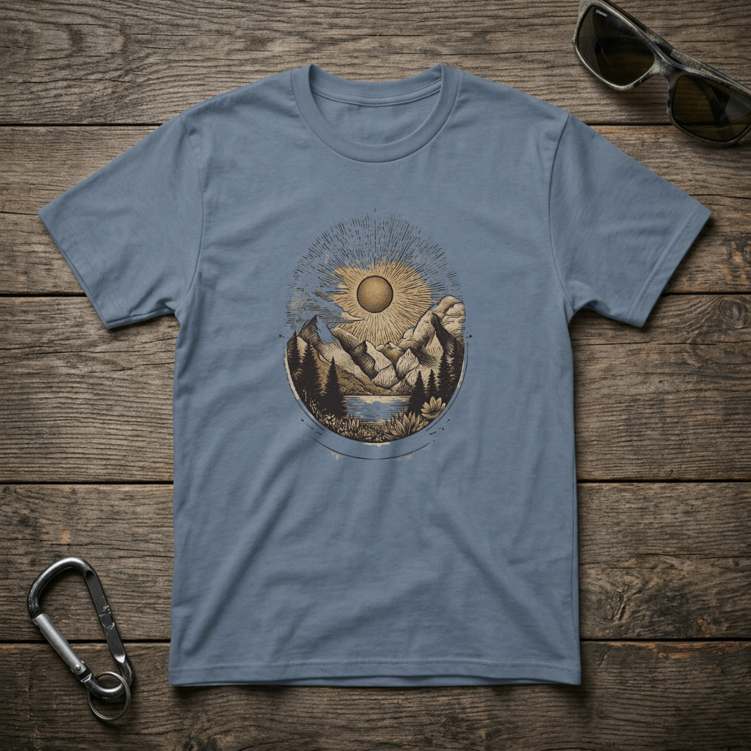 Blue desert sunset graphic T-shirt by Designed For The Wild Co, featuring vibrant sunset design on soft garment-dyed fabric.