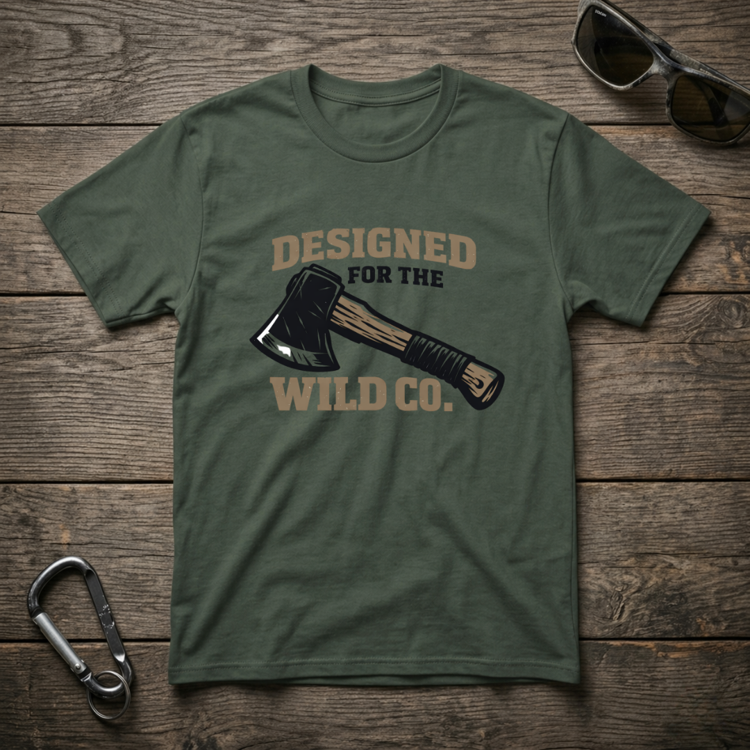 Blue spruce graphic T-shirt by Designed For The Wild Co, featuring a detailed woodland-inspired design on a casual garment-dyed shirt.