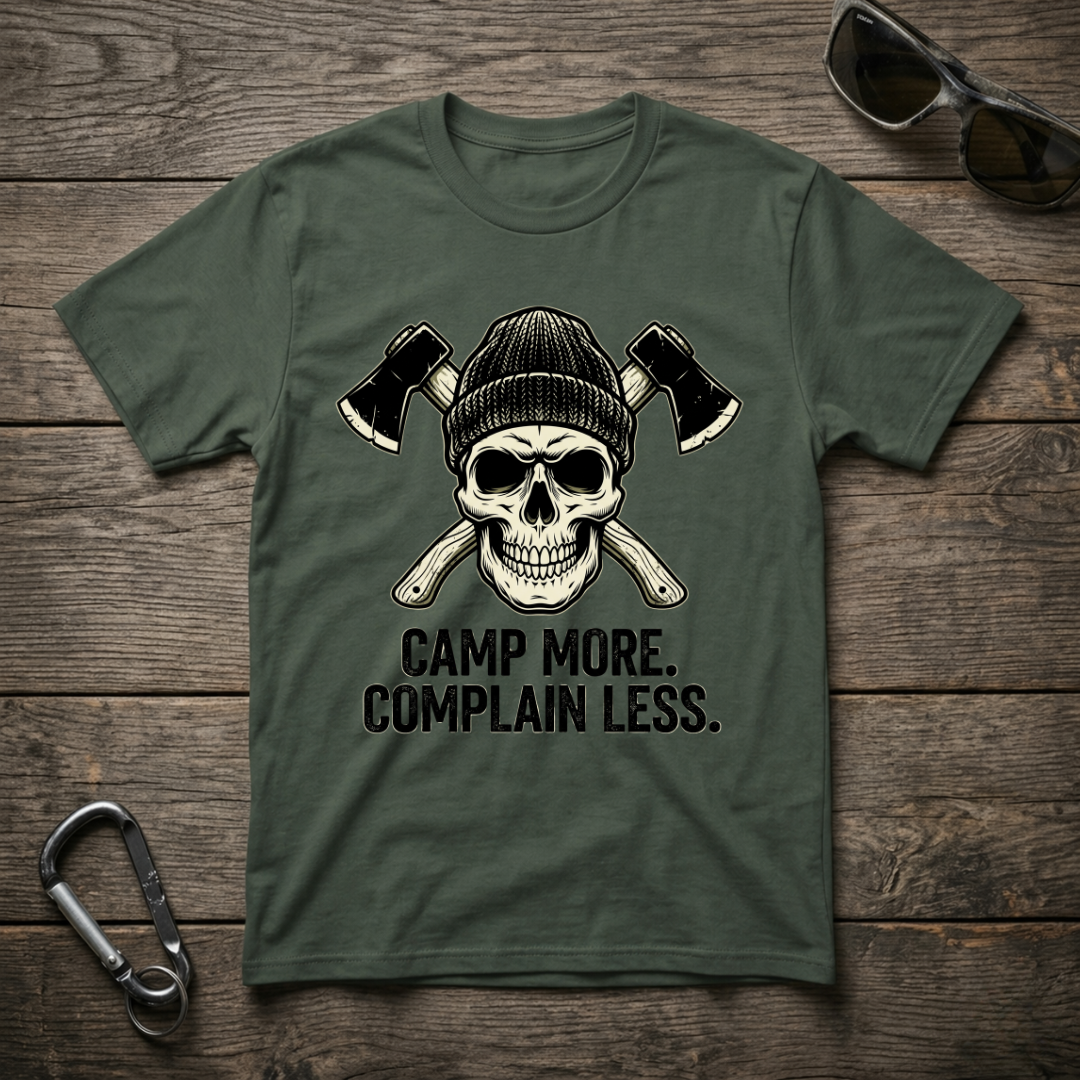 Blue spruce graphic T-shirt by Designed For The Wild Co with "Camp More, Complain Less" slogan, garment-dyed cotton fabric.