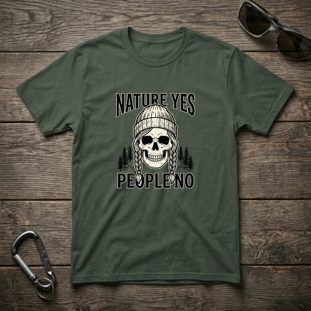 Blue spruce graphic T-shirt by Designed For The Wild Co featuring a nature-inspired design with a "Nature Yes, People No" message.