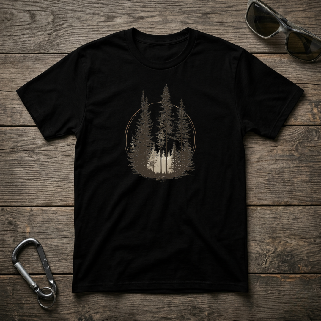 Black pine trees graphic T-shirt by Designed For The Wild Co featuring a colorful pine tree design on soft cotton fabric.