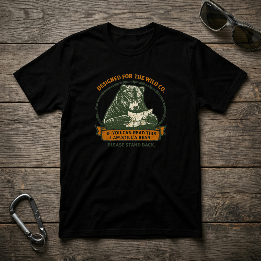 Black graphic T-shirt from Designed For The Wild Co, featuring the "I Am Still A Bear" design and garment-dyed fabric.