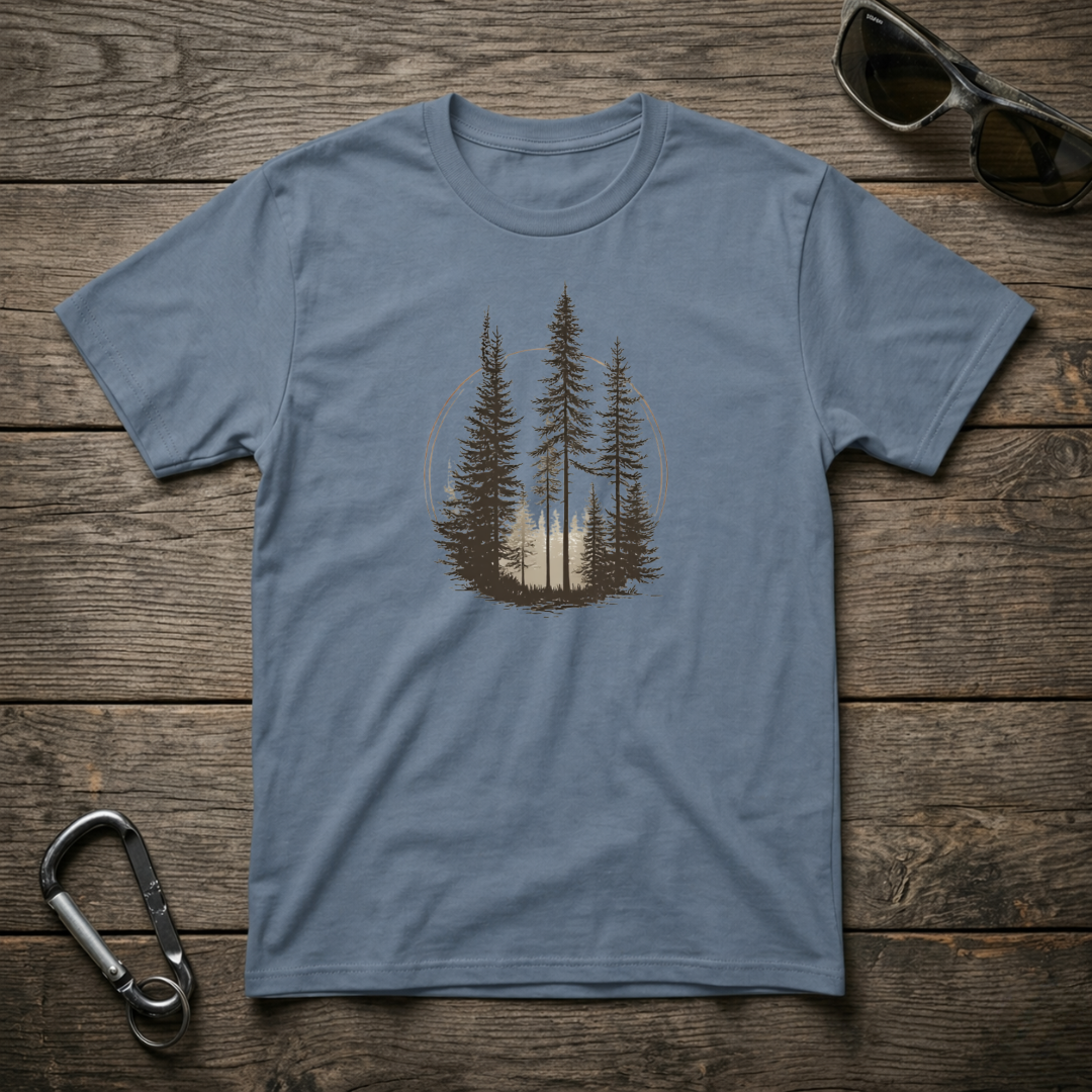 Blue Pine Trees graphic T-shirt by Designed For The Wild Co, lightweight cotton with pine tree print on front.