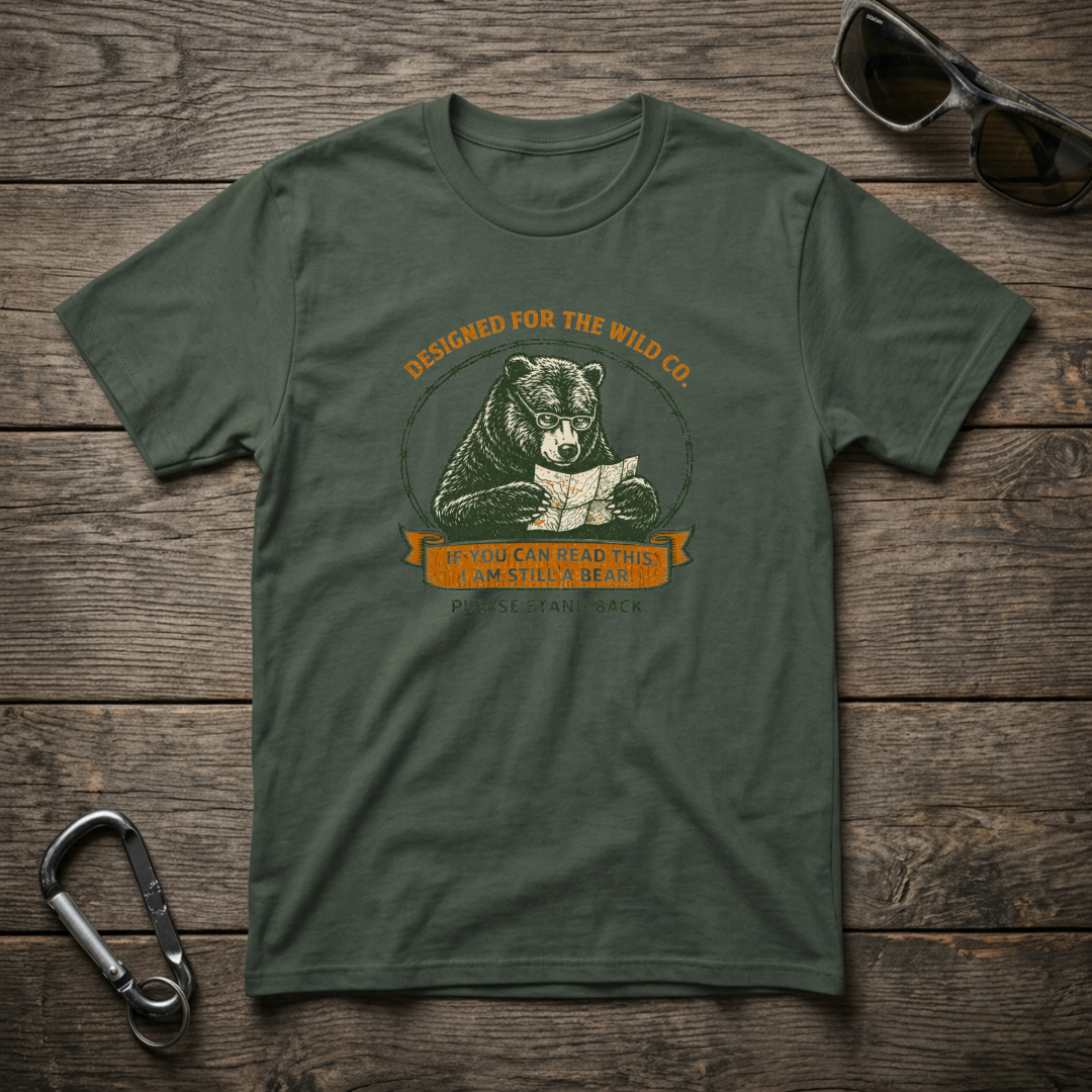 Designed For The Wild Co blue garment-dyed graphic T-shirt featuring a bear design, casual fit, and soft fabric.
