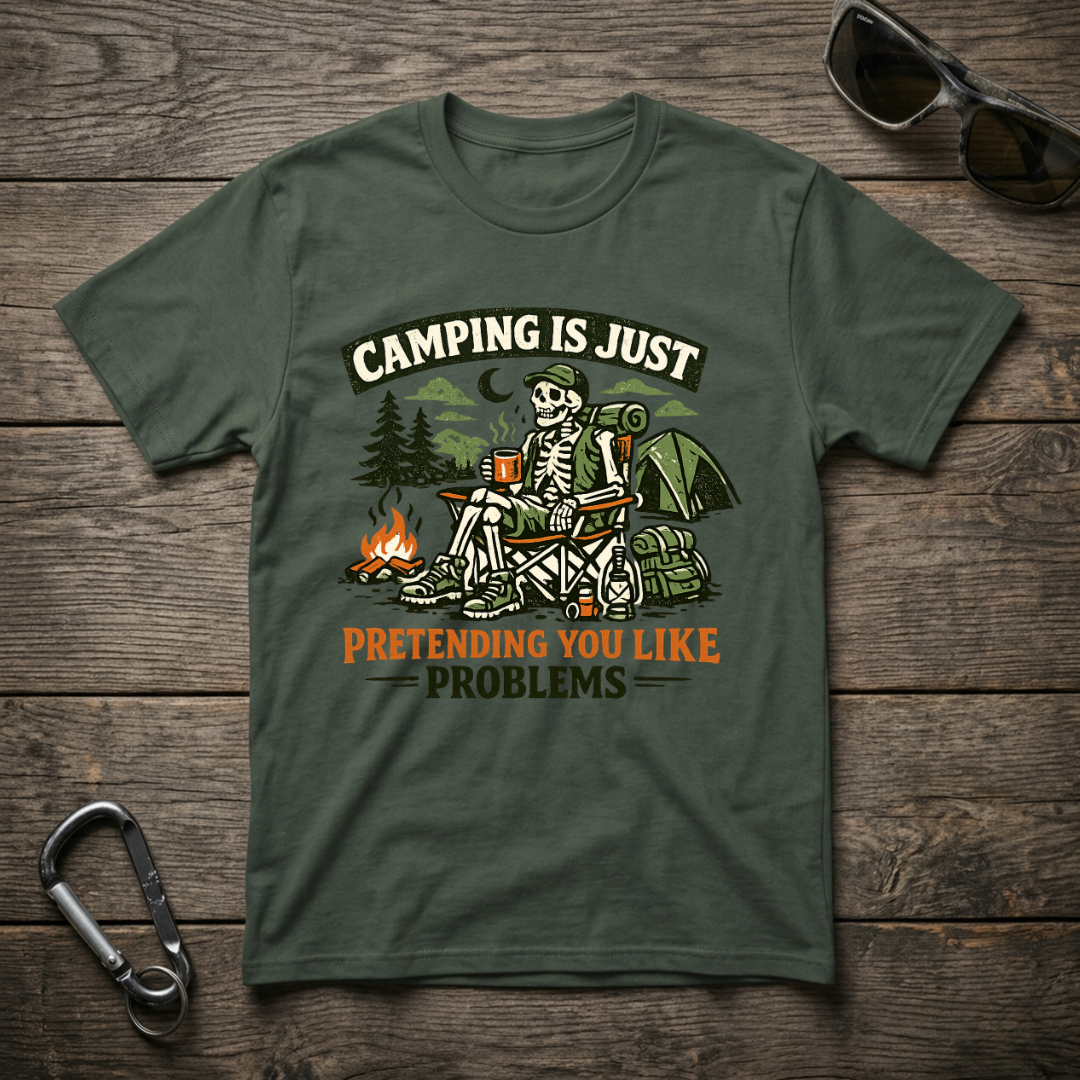 Blue spruce graphic T-shirt by Designed For The Wild Co featuring camping-themed design on a garment-dyed cotton tee.