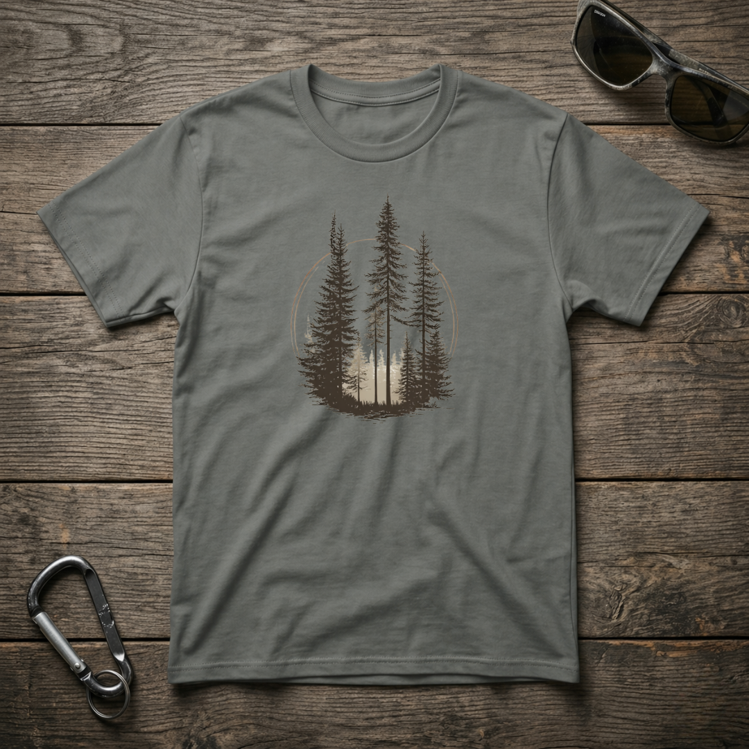 Gray graphic T-shirt featuring pine tree design from Designed For The Wild Co, garment-dyed for a soft, vintage look.