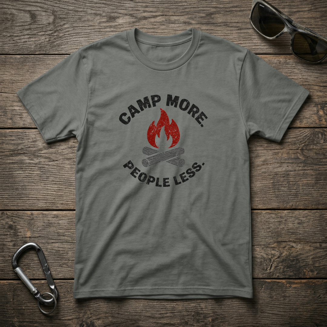 Gray graphic T-shirt by Designed For The Wild Co from Camp More, People Less collection, featuring a relaxed fit and casual style.